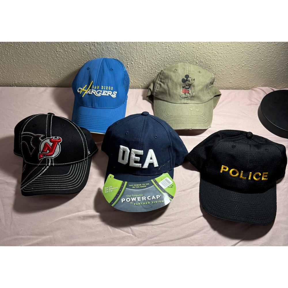 Lot of 5 Hats San Diego Chargers Mickey Mouse NJ Devils DEA Police Baseball Caps